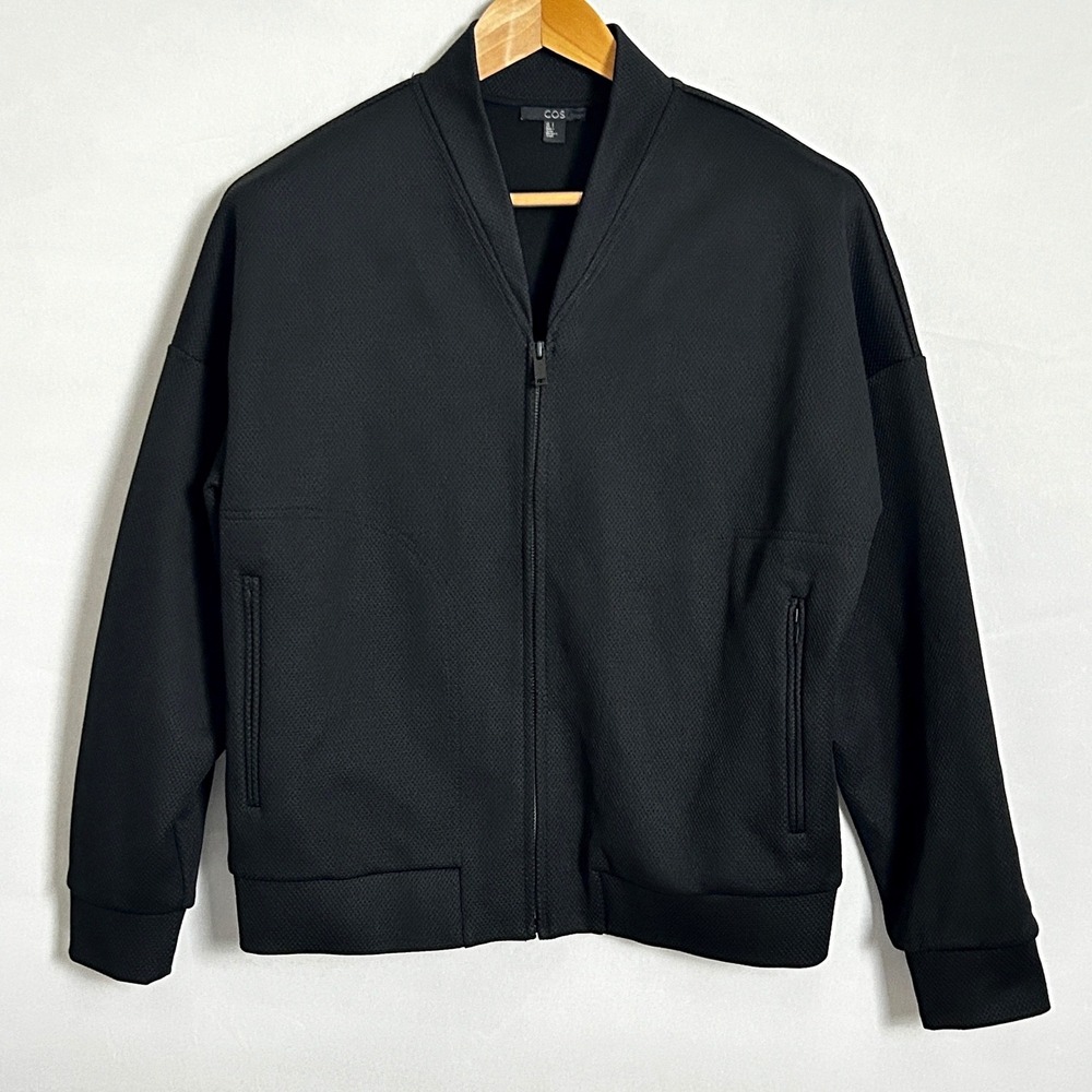 COS Black Bomber Jacket Mens Small Black Full Zip Textured Office Streetwear